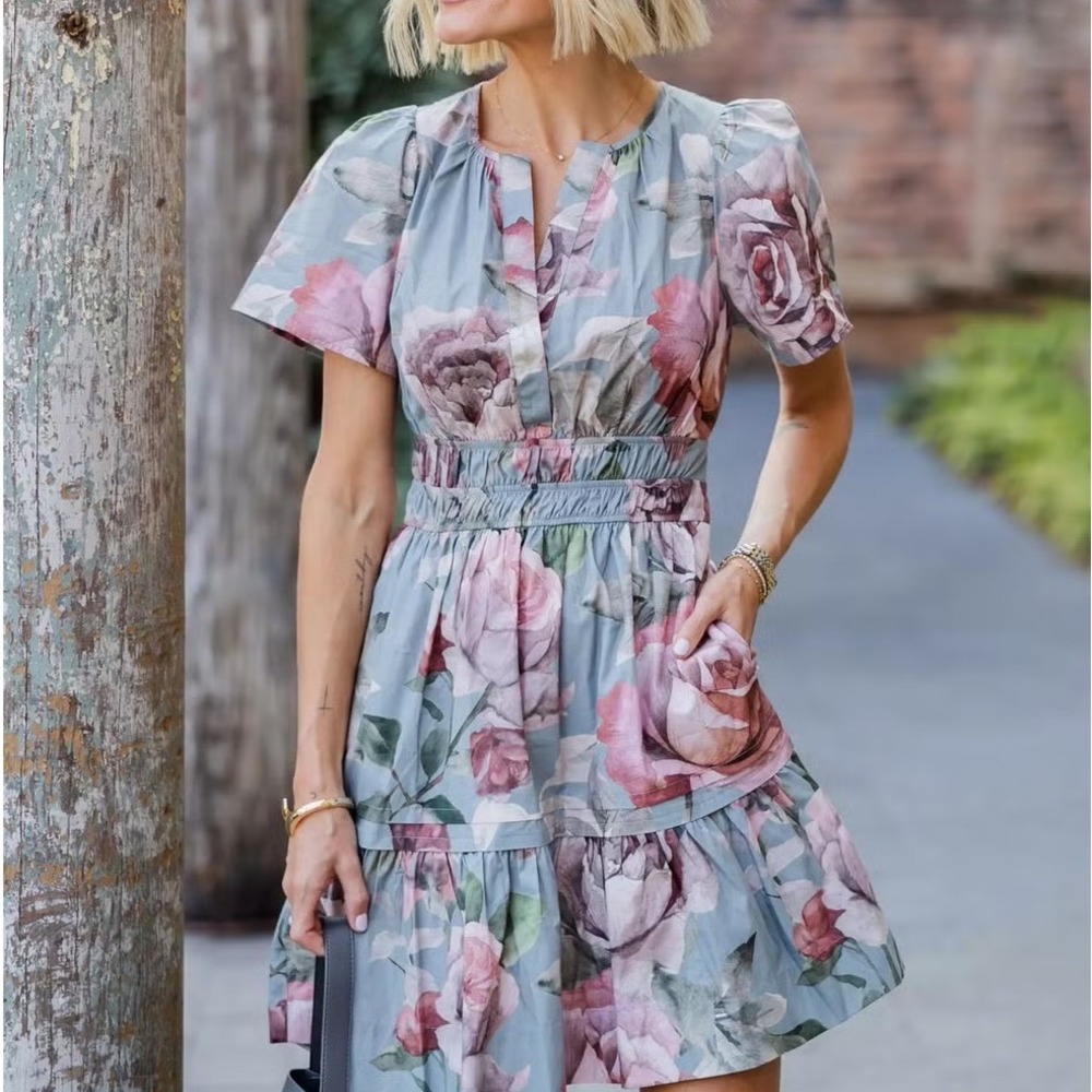 Anthropologie Loverly Grey Somerset Mini Dress Blue Floral Rose Smocked XS